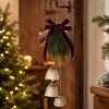 Christmas Bell Door Decoration with 3 Iron Bells, Faux Evergreen Sprigs, Wine-Red Polyester Ribbon Bowknot, and Integrated Top Loop for Hearth Shelves