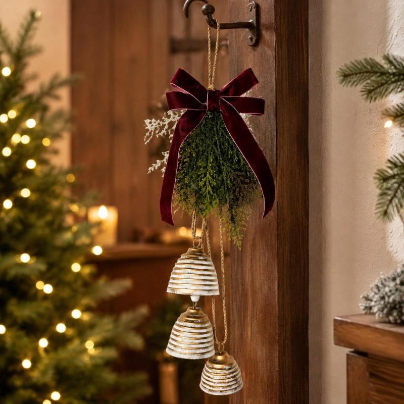 Christmas Bell Door Decoration with 3 Iron Bells, Faux Evergreen Sprigs, Wine-Red Polyester Ribbon Bowknot, and Integrated Top Loop for Hearth Shelves