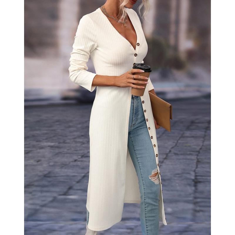 Damen Modischer Lässiger Einfarbiger Langärmliger Langer Cardigan V-Ausschnitt T-Shirt Top