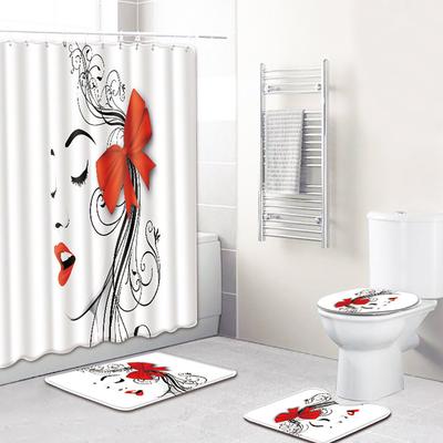 4Pcs Swans Flowers Cascade Bathroom Bath Mat Toilet Seat Cover Shower Curtain