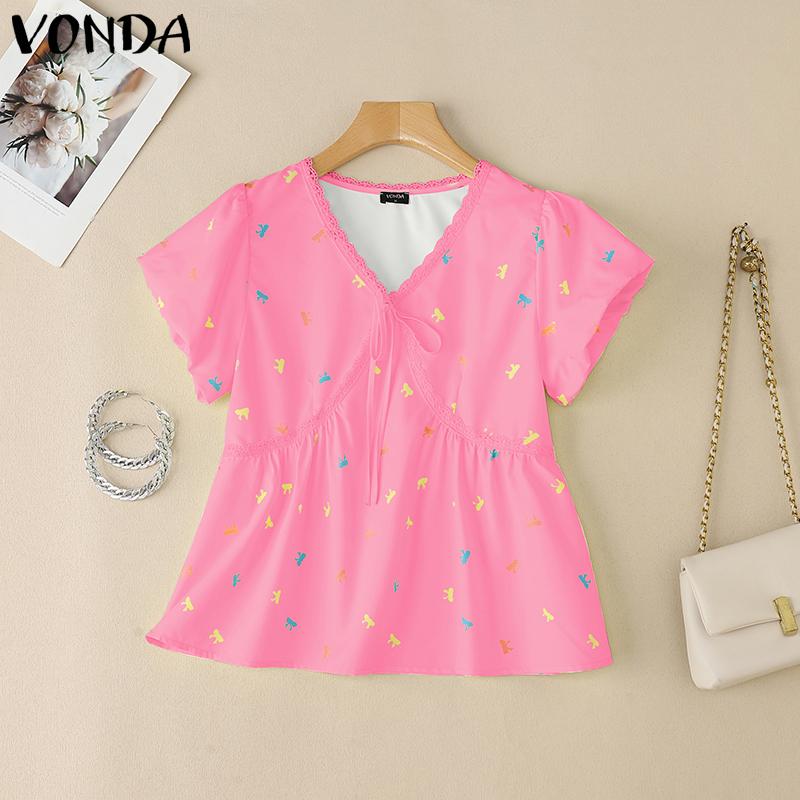 

VONDA Женская блузка с V-образным вырезом, короткими рукавами-буфами, вставками и цветочным принтом, повседневный топ M