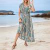 Women Backless Floral Print V-Neck Dress High Waist A-Line Ruffled Short Sleeve Slit Ankle-Length Spring Casual Dress