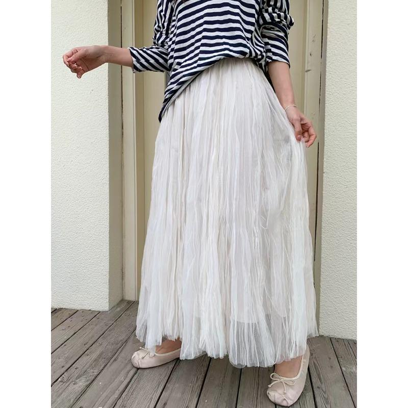 DIMANAF 2025 Spring Mesh Women New Skirts Solid Elastic Elegant White Pleated Skirts High Waist