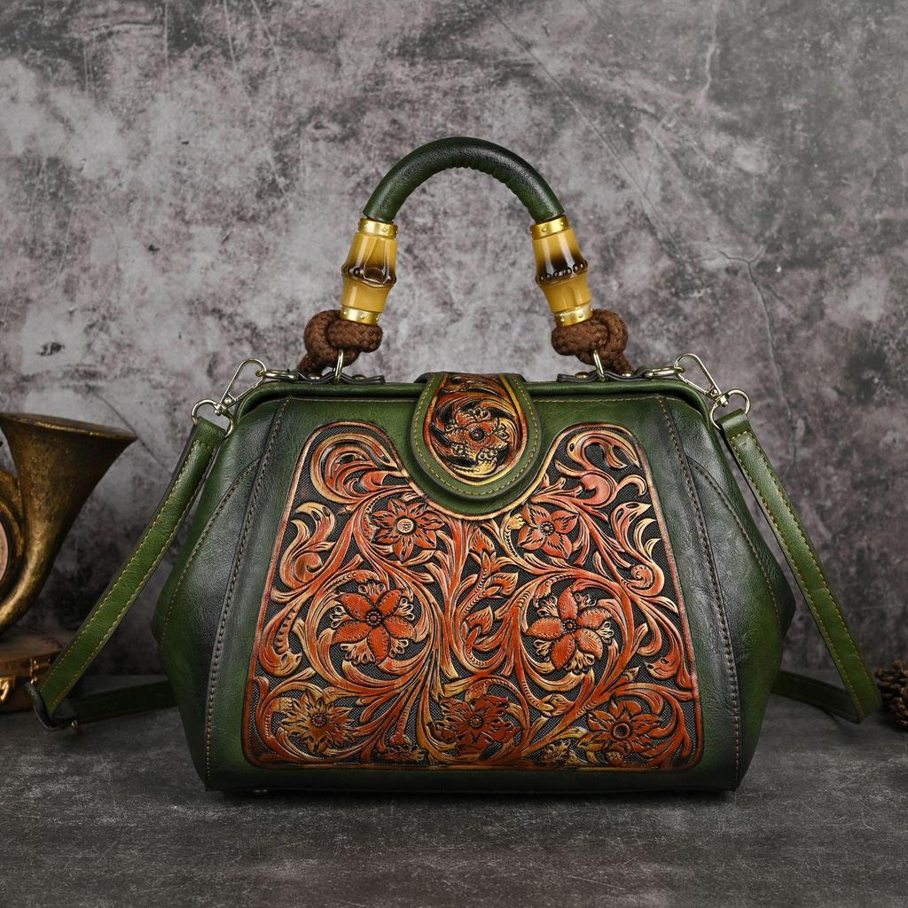 Johnature Luxury Handbag Vintage Handmade Leather Carved Women Bag Versatile Female Shoulder & Crossbody Bags