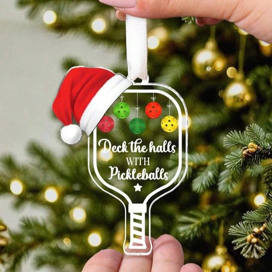 2PCS Deck The Halls with Pickleball Transparent Acrylic Ornament, Xmas Hanging Acrylic Ornaments, Personalized Pickleball Christmas Ornament