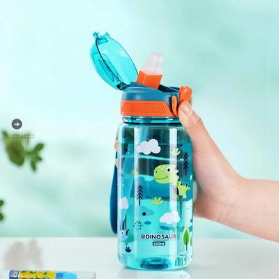 600ml Dinosaurier Wasserflasche für Kinder Wasser-Trinkbecher mit Silikonstrohhalm Auslaufsichere Plastikwasserflaschen Sommer Kinder Wasserbecher