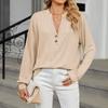 Women's Fashionable Solid Color V-neck Long Sleeved Button Casual Pullover Top