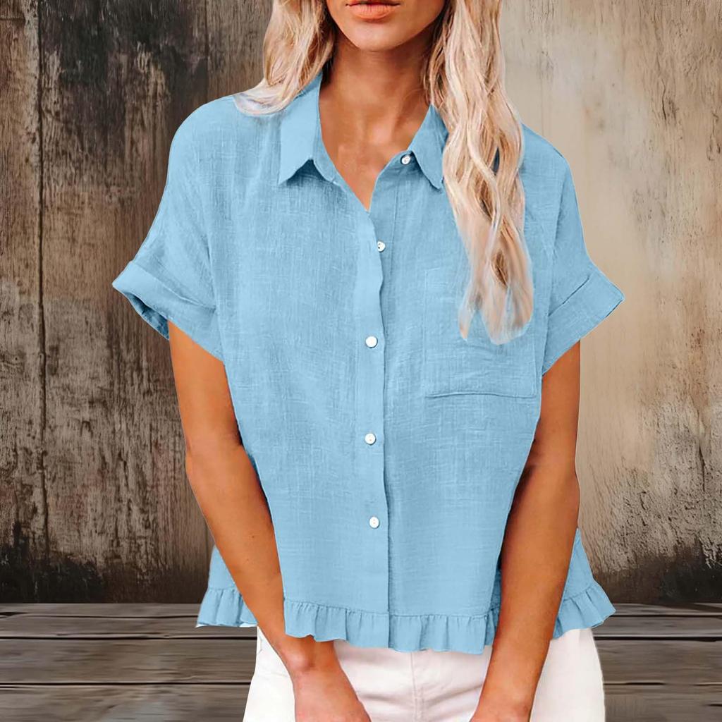 Women's Fashionable Loose-Fit Casual Shirt Button-Up Short-Sleeve Cotton-Linen Blend Top