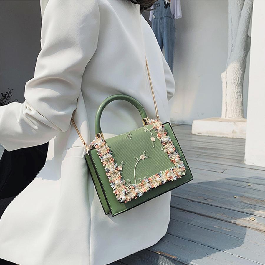 Schoolbag Women's Green Pearl Small Floral Pu Leather Handbags, Crossbody Bag With Chains, Fashion Small Tote Bag Luxury Designer Bags