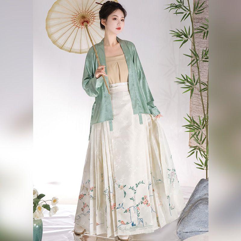 Women Ming Dynasty Hanfu Set Floral Bird Mamian Skirt Jacquard Plane Sleeve Top Traditional Chinese Outfit