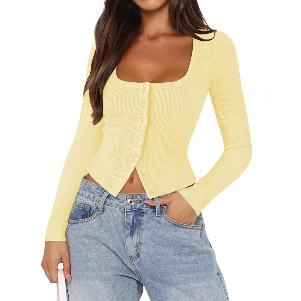 Women's Fashionable Color Square Neck Knitted Thread Single Button Slim Fit Long Sleeved Top