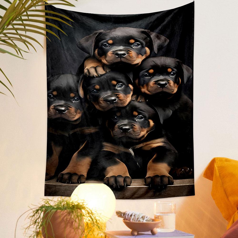 "Adorable Rottweiler Puppies Portrait" Patterned tapestry home decor, suitable for bedroom and living room, gift