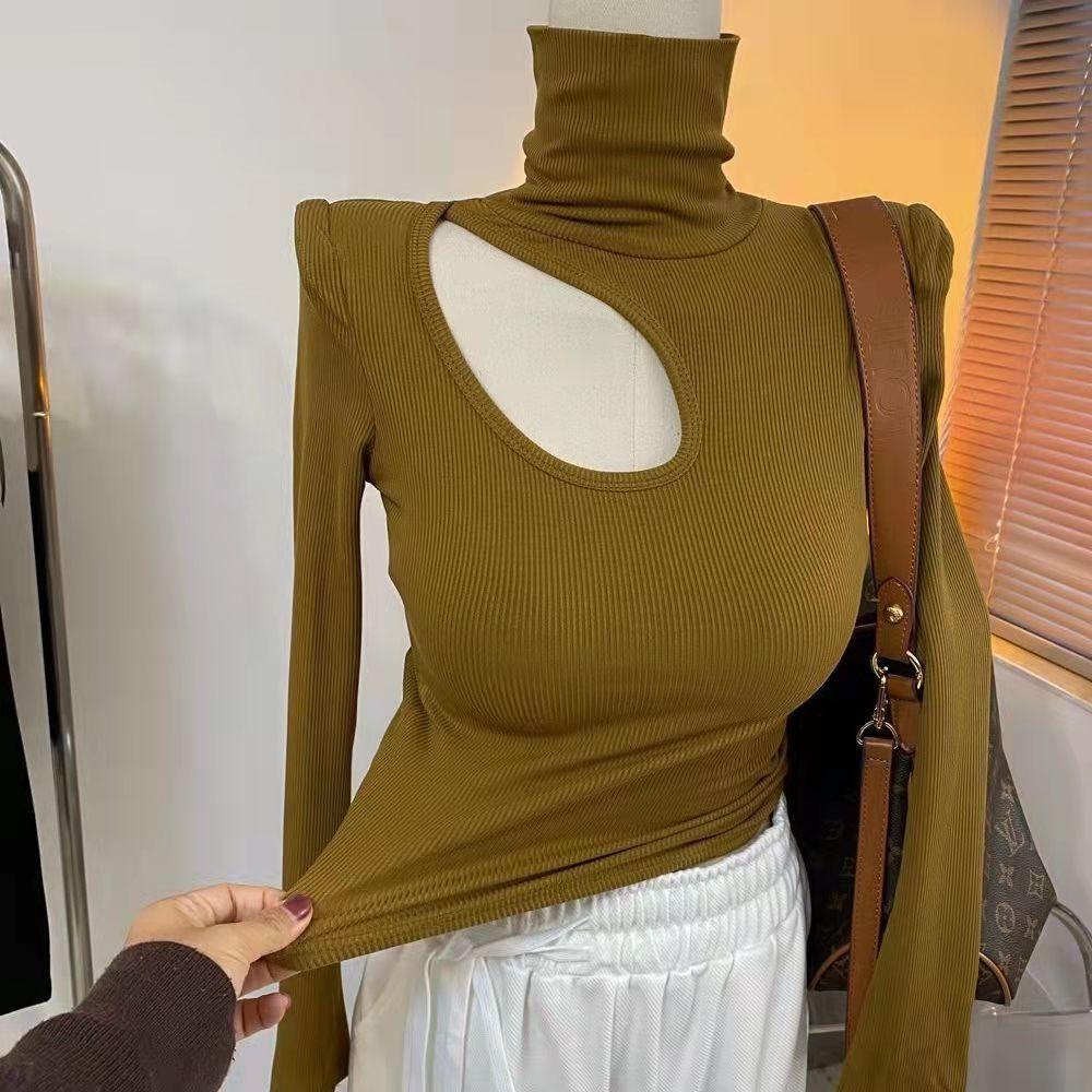 Winter 2025 High Neck Brushed Slimming Ribbed Long Sleeve Women s Pullover T-shirt L