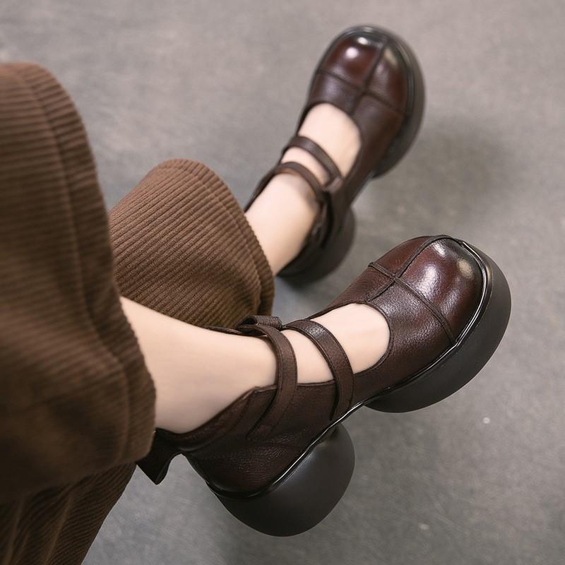 Johnature Skórzane Retro Czółenka na Grubej Platformie z Obcasem Okrągły Nosek Zapięcie na Rzepy Damskie Buty Platformowe