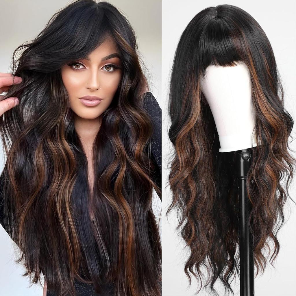 Cross-Border Water Wave Wigs European American Women's Fashionable Synthetic Hair Wig Brown Gradient Color Bangs Long Curly Hair