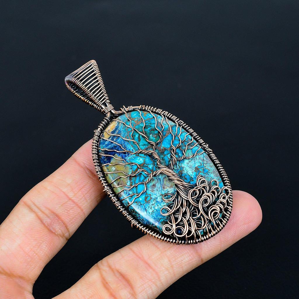 Azurite Malachite Pendant, 999 Copper Wire Wrapped Gemstone Jewelry, Handmade Tree Of Life Pendant, For Thanksgiving