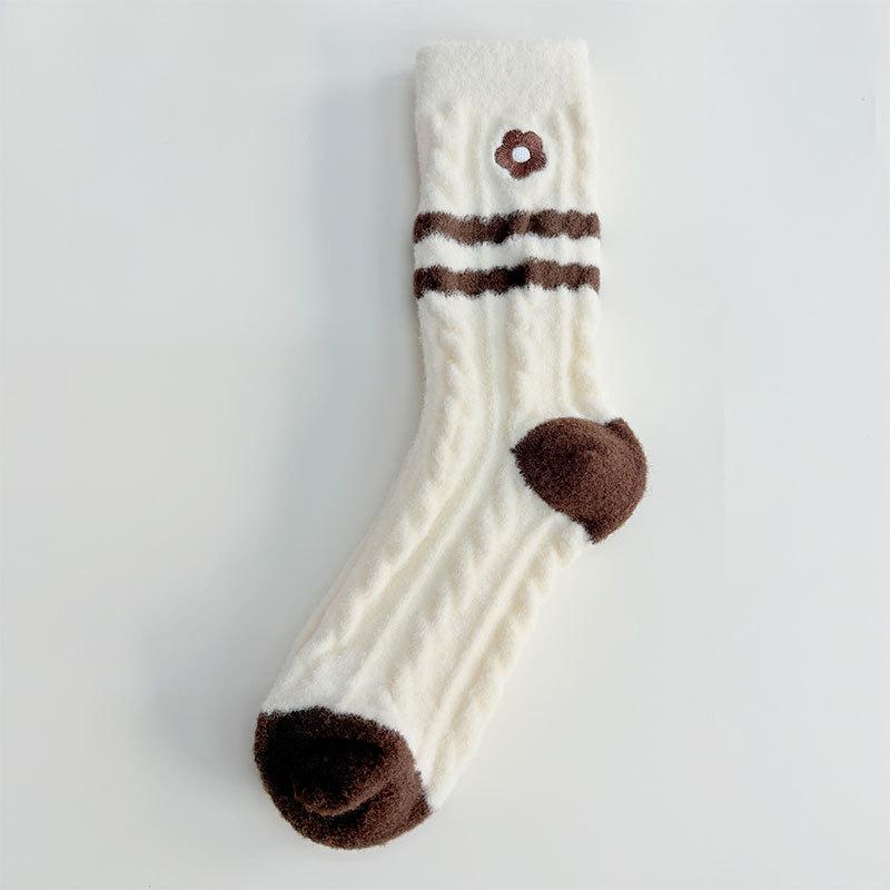Female Autumn and Winter Thickened Warm Velvet Stripe Home Sleep Tube Socks