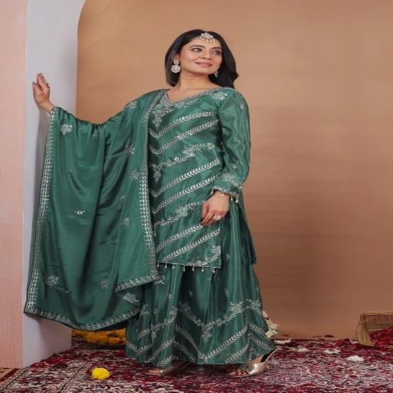 Emerald Green Embroidered Sharara Set with Matching Dupatta S