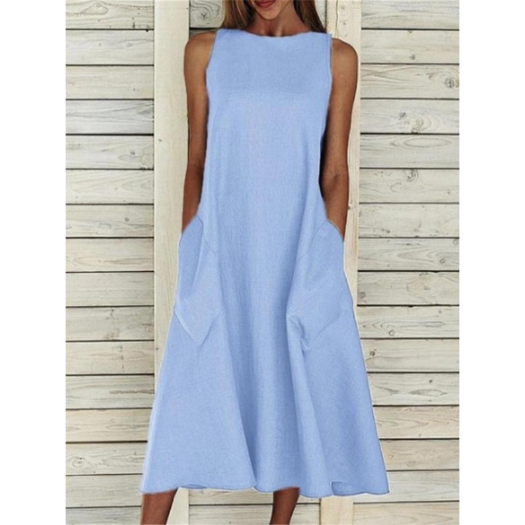 Robe d'été longue maxi en lin pour femme, col rond, sans manches, unie, ample, grande poche, décontractée