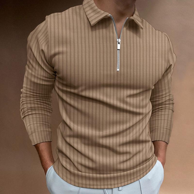 2022 European & American Autumn/Winter Men's Striped Long Sleeve Zip Polo Shirt