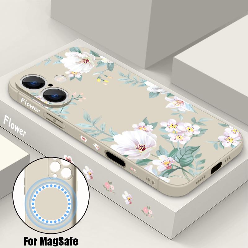 Magnetic For Magsafe Black-white Flower Case For iPhone 16 Pro Max Coque iPhone 15 Pro Max 14 13 11 17 Built-in Metal Plate Case