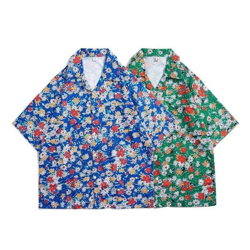 

Летняя мужская уличная мода, гавайская рубашка с кубинским воротником, корейский стиль, пляжные рубашки с короткими рукавами и цветочным принтом, синие, зеленые топы для отдыха на море