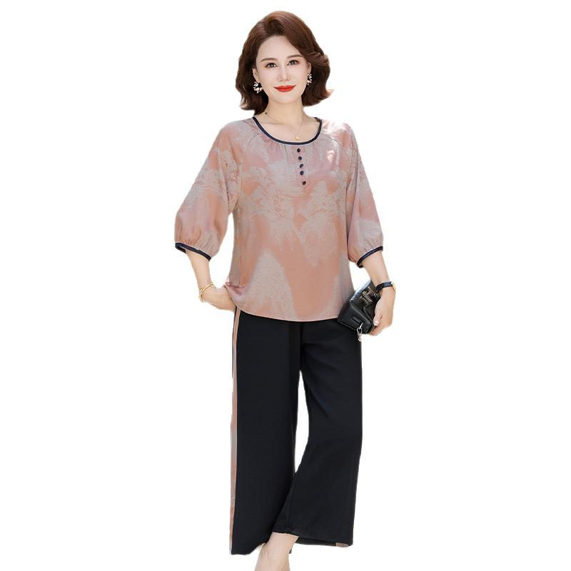 2026 Sommer Chiffon Kurzarm Elegantes Zweiteiliges Set für Frauen mittleren Alters und ältere Frauen
