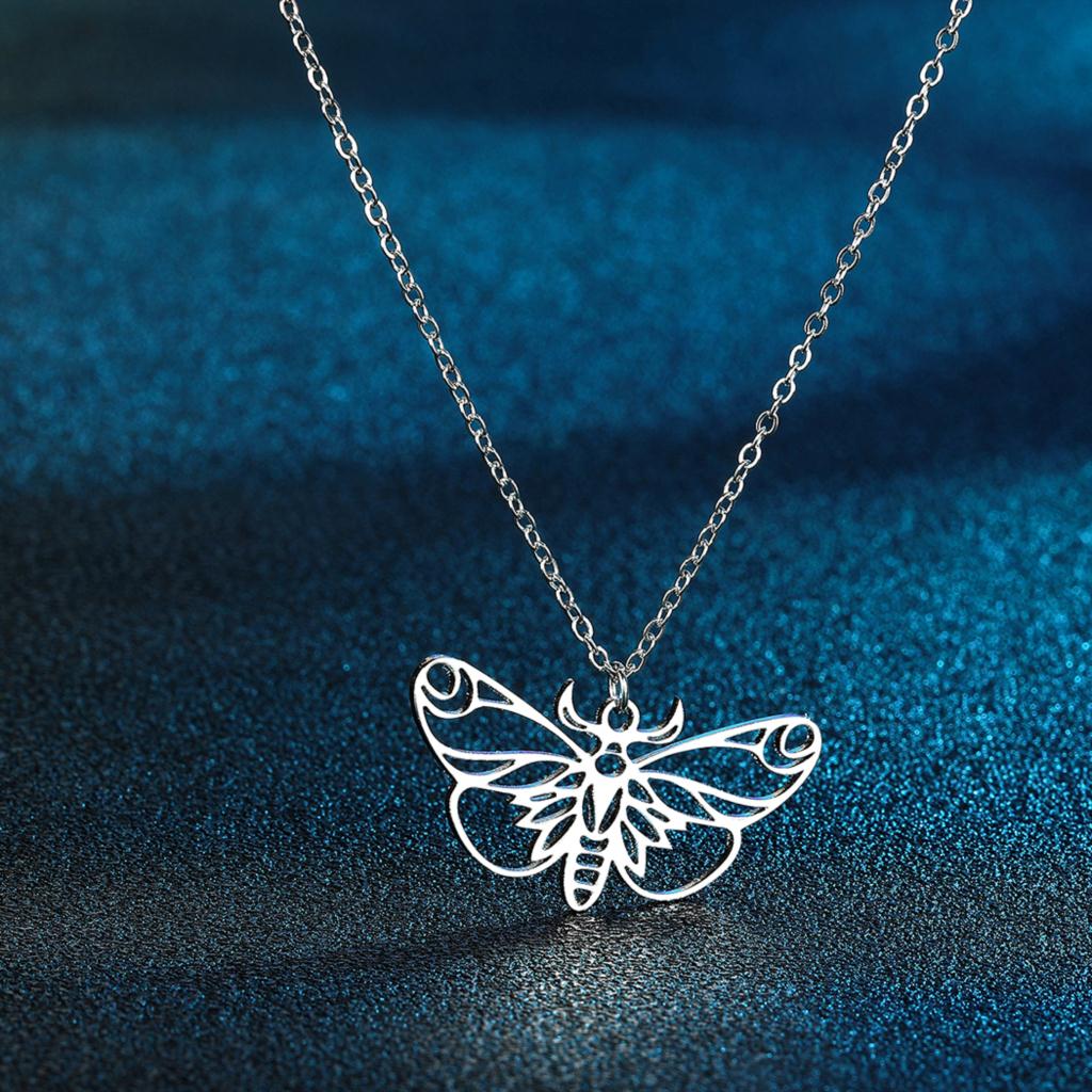 Kinitial Stainless Steel Butterfly Pendant Necklace Women Charm Geometric Butterfly Charm Moth Necklace