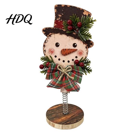 Vintage Christmas Room Decor Retro Wooden Ornaments Gingerbread Man/Reindeer/Snowman Figurine with Spring Base Nodding Elk Xmas Desktop Decorations