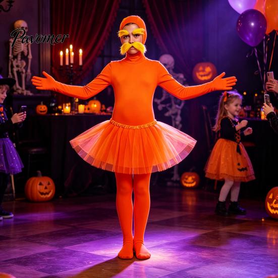 Halloween Party Jumpsuits Orange Full Bodysuit, with Tulle Skirt, Fake Belly, Yellow Mustache & Eyebrows, Cosplay Outfit Open Face Zentai Suit,