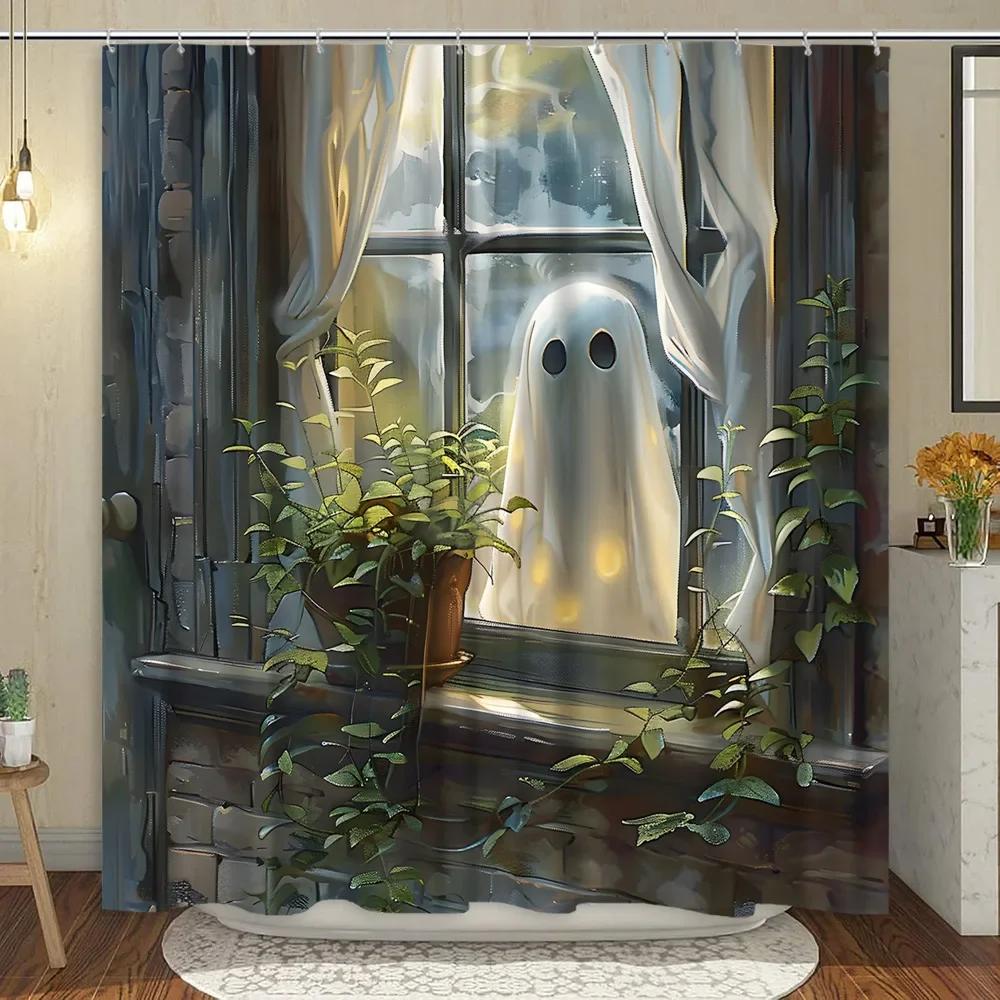 Cute Ghost Shower Curtain Cartoon Spooky Flower Plant Candle Watercolour Modern Home Polyester Fabric Bathroom Decor Curtain Set