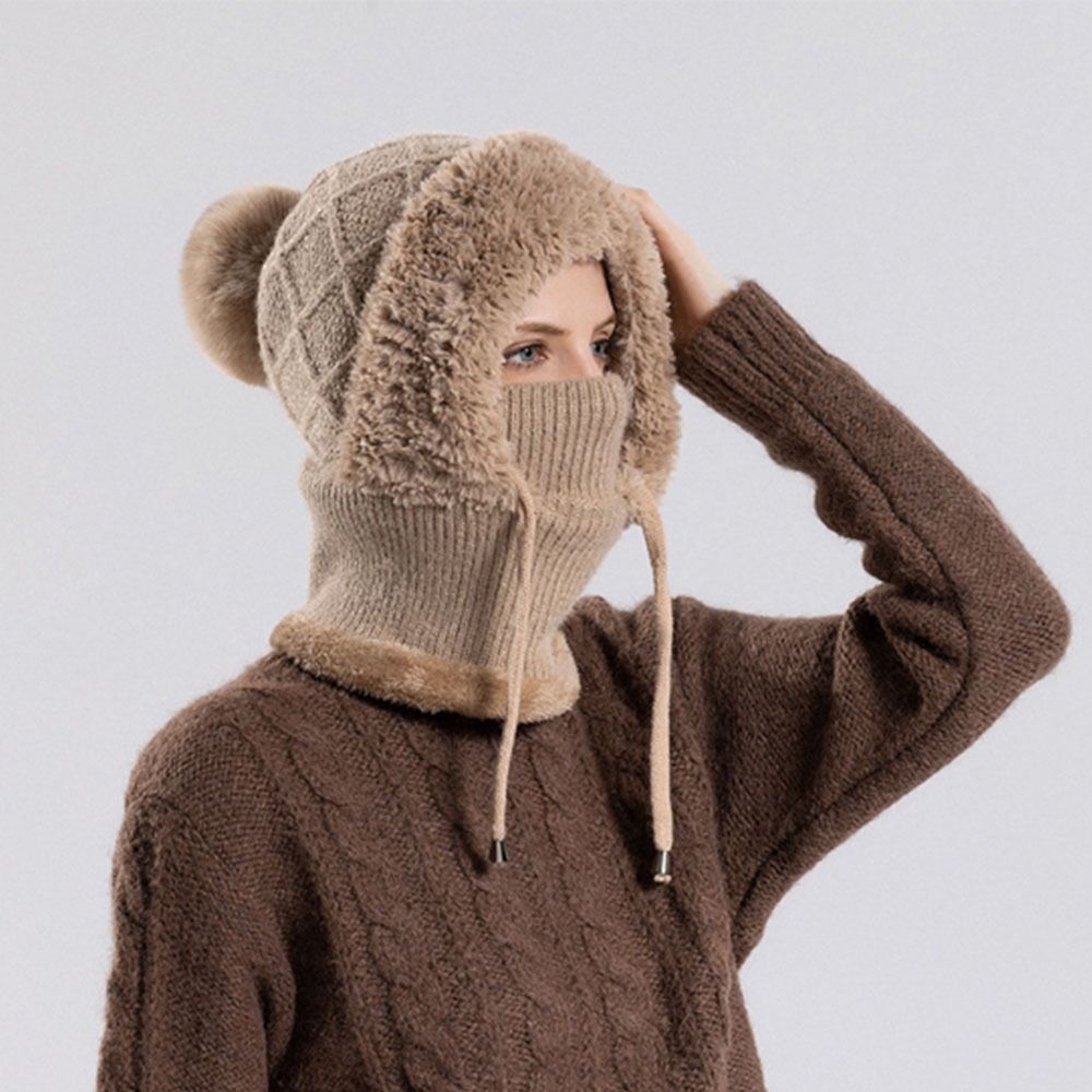 Solid Color Winter Fur Cap Mask Set Windproof Balaclavas Hat Simple Scarf All-In-One Hat  Outdoor