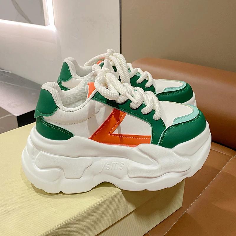 Fashion 8.5CM Wedges Leather Sneakers Women New Autumn Fashion Hidden Heels Sports Dad Shoes Thick Sole Platform Chunky Sneakers Spring