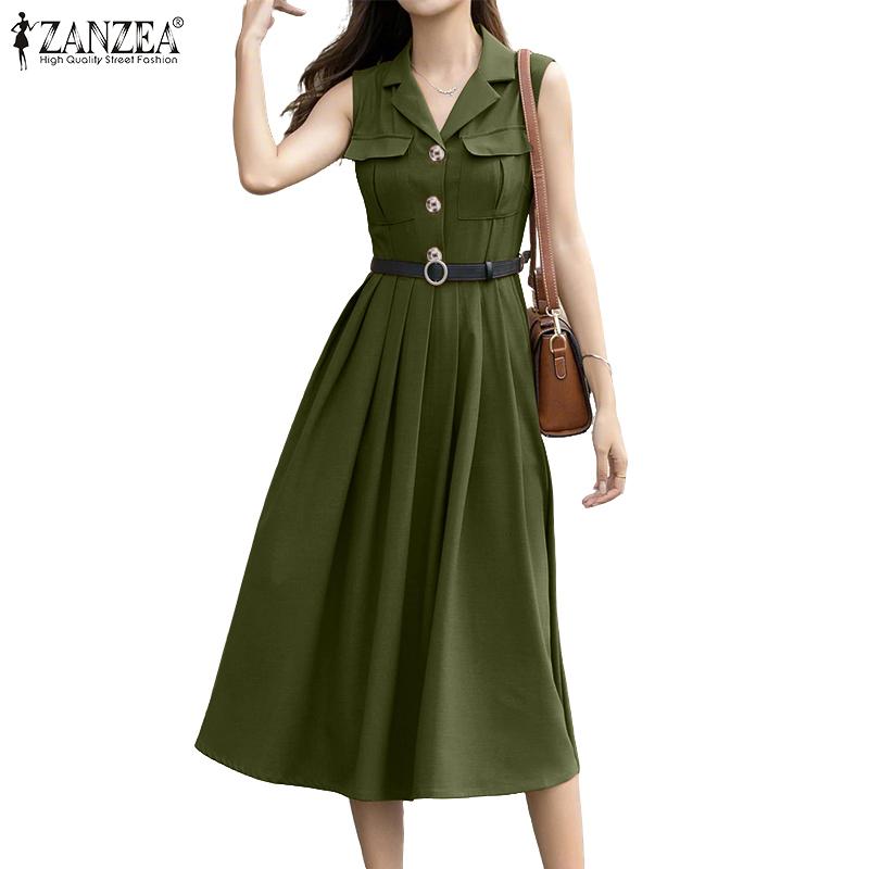 ZANZEA Women Summer Turn Down Collar Casual Sleeveless Long Dress