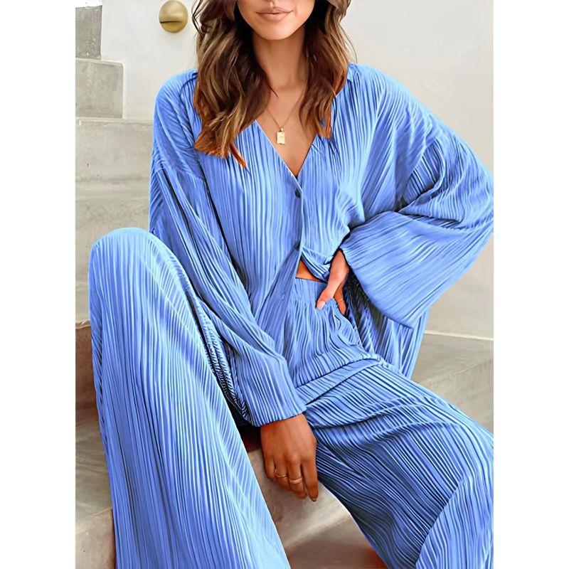 

Fashion Wind Pleated Single-Breasted Tops Bell-Bottom Pants Suit Pleated Top Bell-Botttoms Suit Sky Blue S