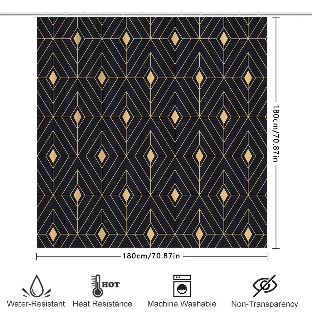 Art Deco Shower Curtain 3D Black Gold Diamonds Pattern Bathroom Decor Waterproof Fabric Shower Panel Set For Kids Bathrooms (128