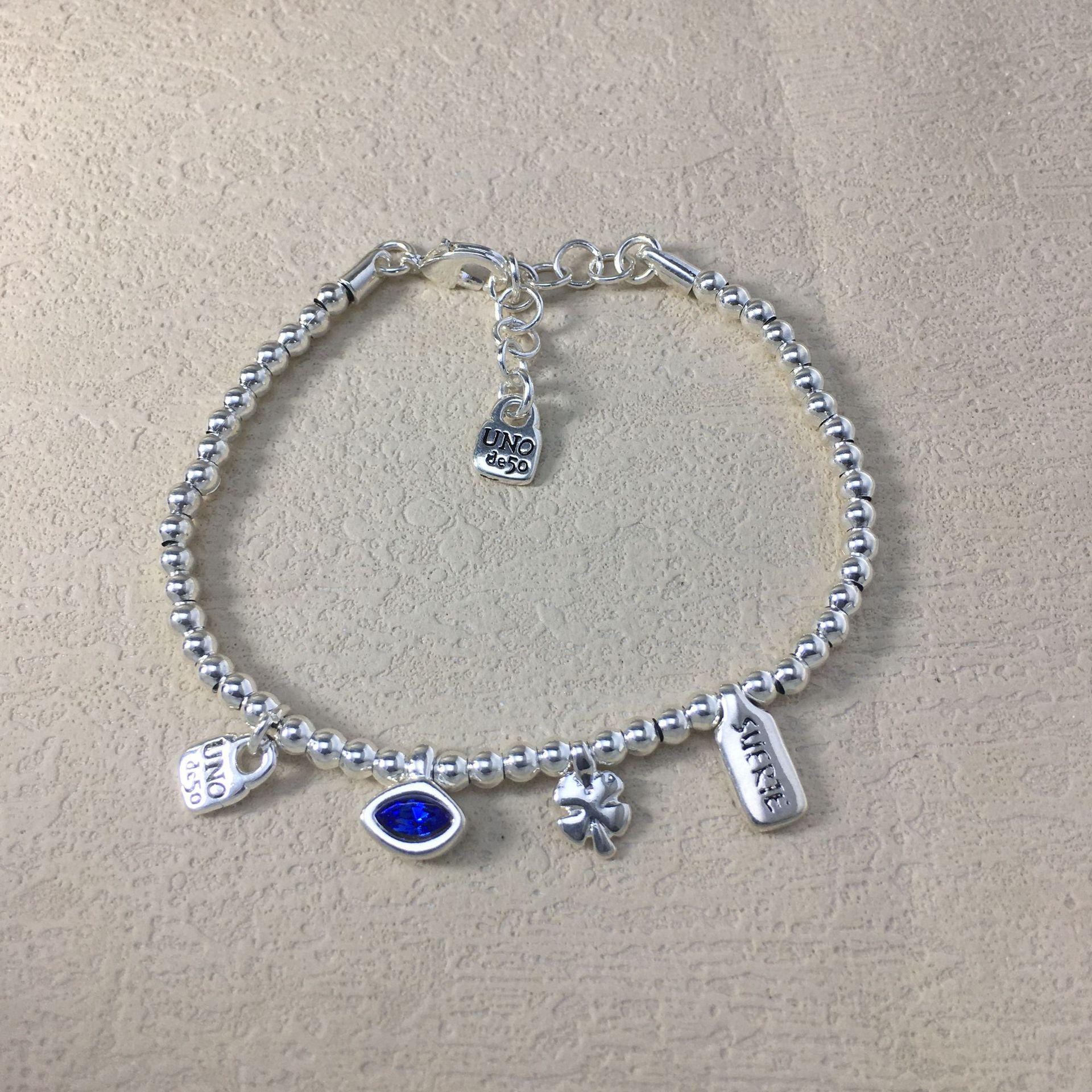 2024 UNOde50 Bestseller: Romantic Geometric Blue Gemstone Pendant Bracelet in Electroplated Silver for Women