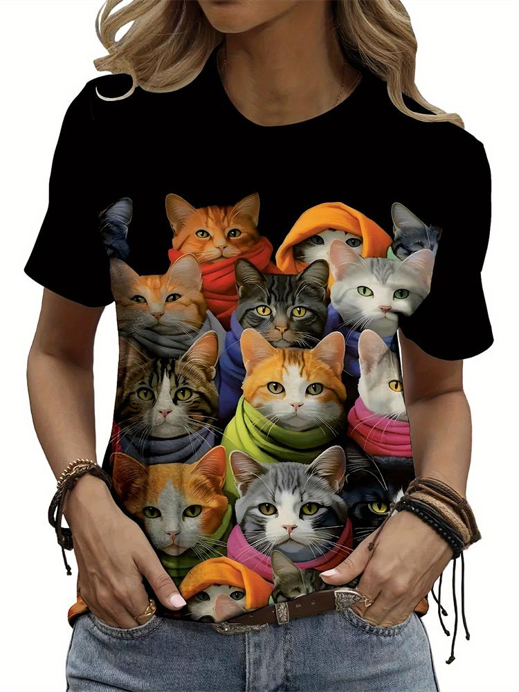 Sommer Freizeit Damen T-Shirt Cartoon Süße Katze Aufdruck O-Ausschnitt Kurzarm Damen Outdoor Lockeres T-Shirt Tops Elegante Kleidung