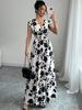 Women's Short-sleeved Tie-waist Dress,  Printed V-neck Long Dress
