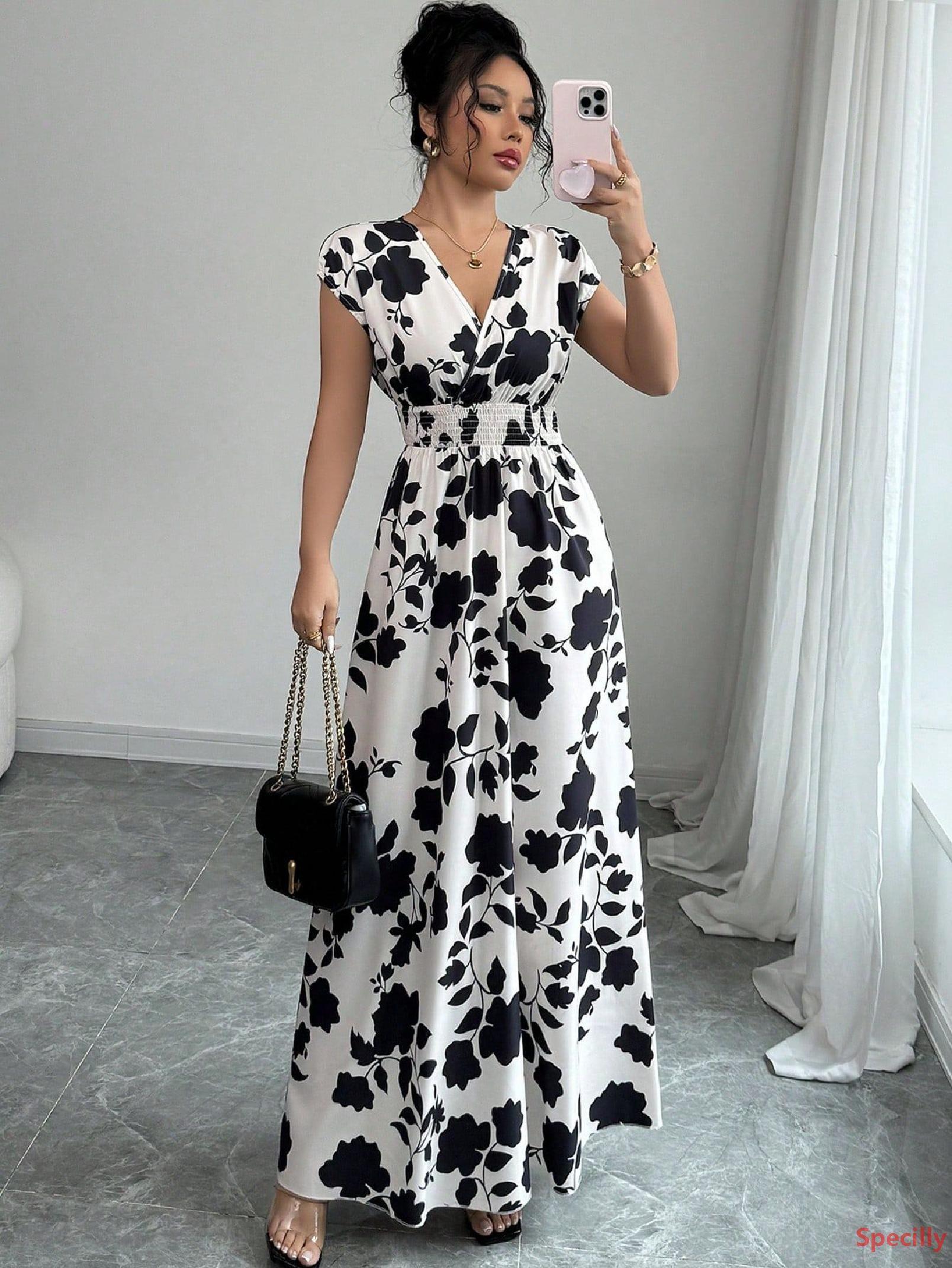 

Women s Short-sleeved Tie-waist Dress, Printed V-neck Long Dress XL чёрный