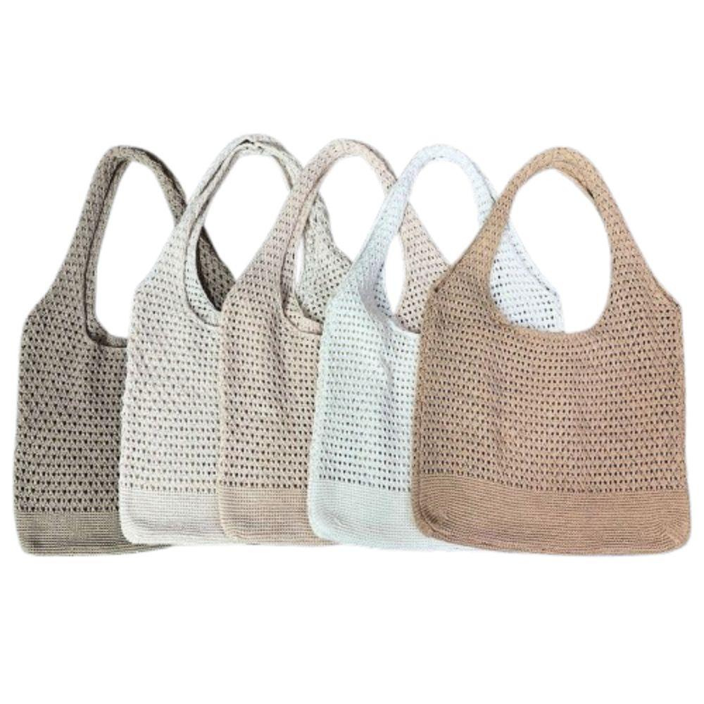 Top-handle Knitted Tote Bag Solid Color Women Crochet Handbags Big Purses Summer Beach Bag  Travel