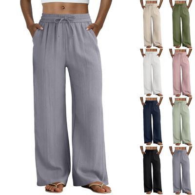 Wide Leg Pants For Women Flowy Drawstring Elastic Waist Trousers With Pockets Summer Beach Vacation Clothes