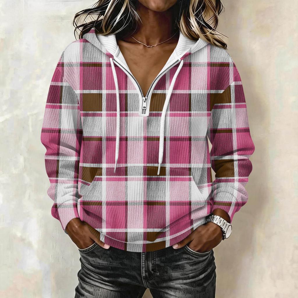 Women's Long Sleeve Drawstring Hoodie with Striped Plaid Print Pullover Sweatshirt