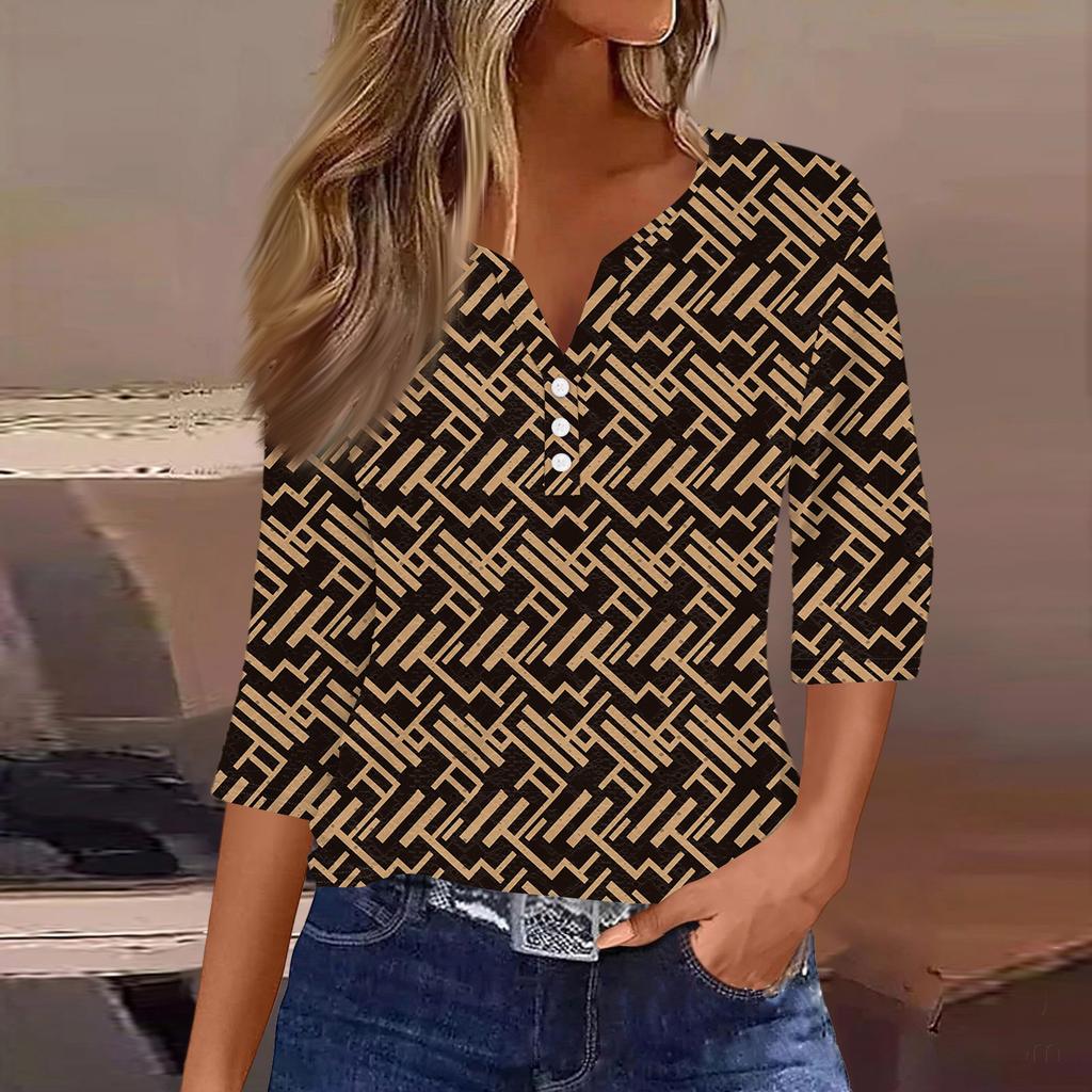 Women's T Shirt Tee Print Button  3/4 SleeveDaily Weekend Fashion Basic V- Neck Regular Top
