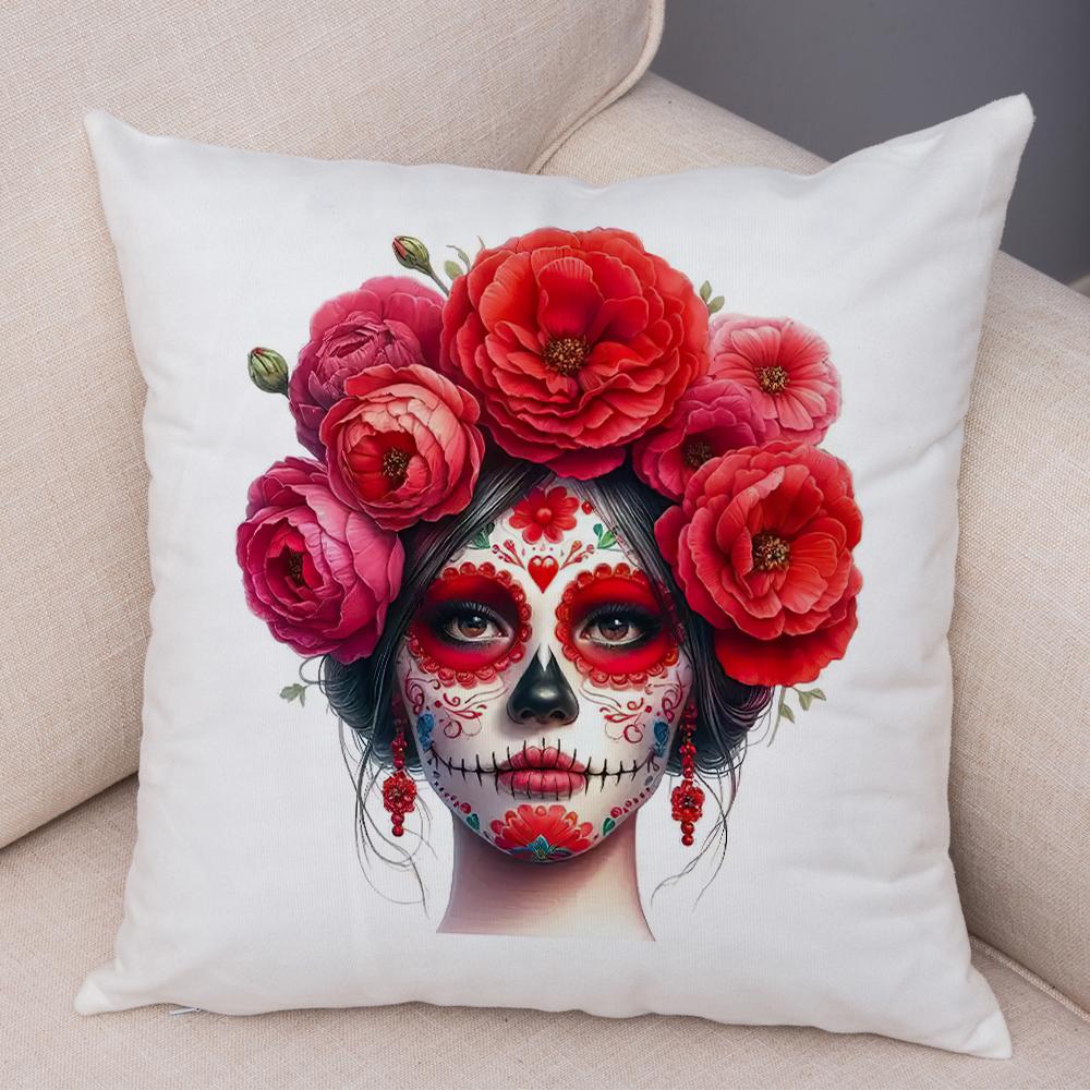 Vibrant Dahlia Sugar Skull Pillowcase Double Print Red Rose Skull Cushion Cover Soft Plush Pastel Floral Skull Pillowe Case