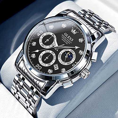 OLEVS Men's Stylish Watch, Popular Analog Quartz Movement, Waterproof Business Watch, Silver with Stainless Steel Band, Black Wristwatch, Date Display