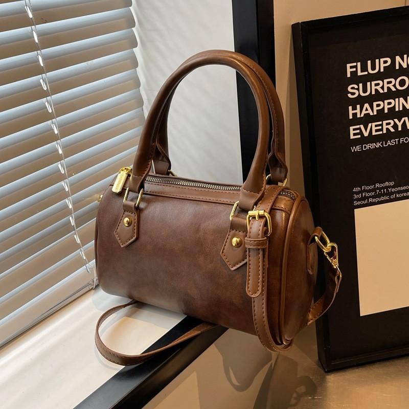 Small Batch Boston Bag Stylish Medium Size Retro Street Style Pu Material Coffee