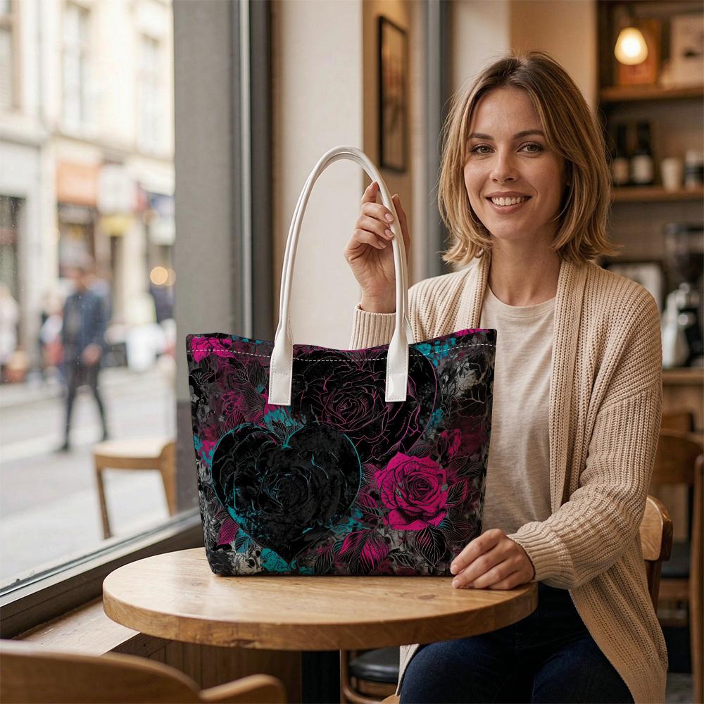 Gothic Heart Rose Print Tote Bag Stylish Daily Carry Shoulder Bag for Women