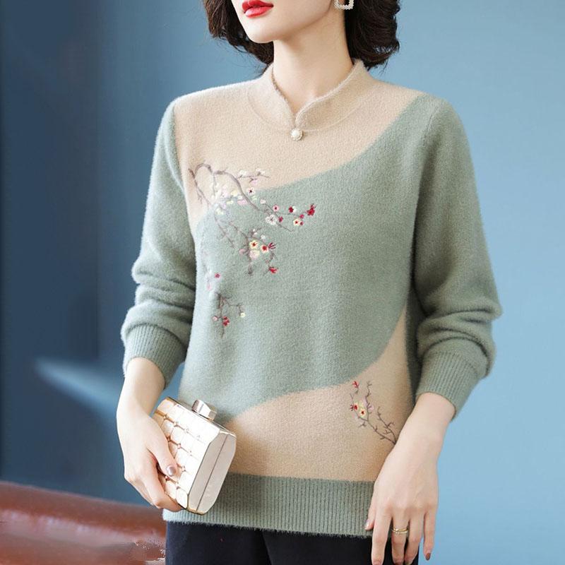 Women's Mink Fleece Sweater Winter Thick Warm Plus Size Sweater Loose Pullover Embroidered Plush Knitwear