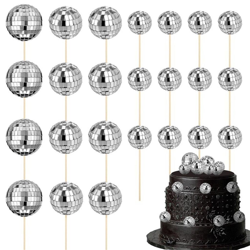 24pcs Reflective Discos Ball Cupcake Toppers Cake Decorations for Wedding Birthday Party Supplies Dessert Accessories